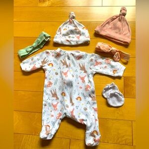 Adorable Forest Print Baby One Piece Set inc 2 headbands, 2 hats, one pair mitts